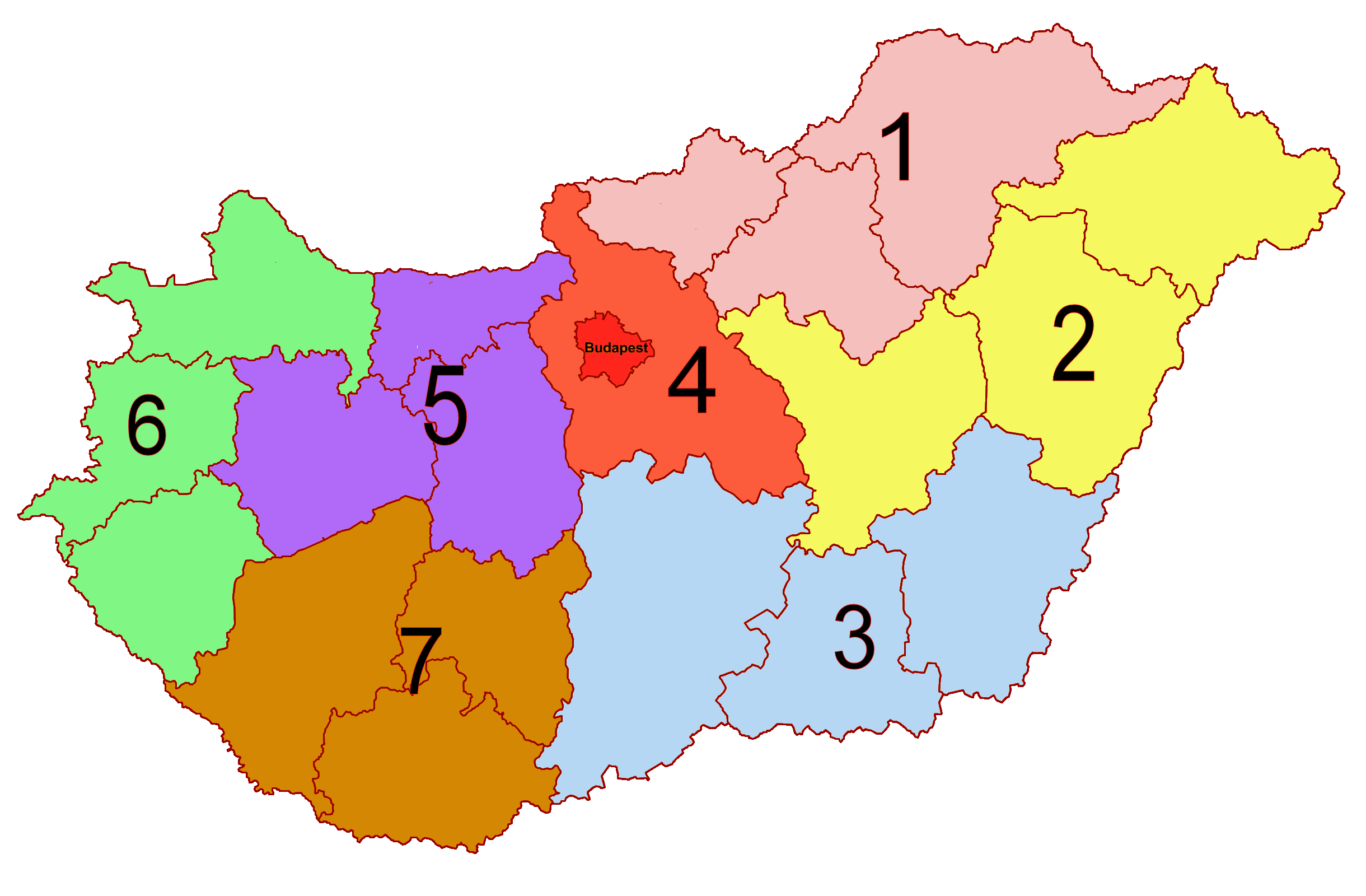 Harta administrativa Ungaria impartita pe regiuni